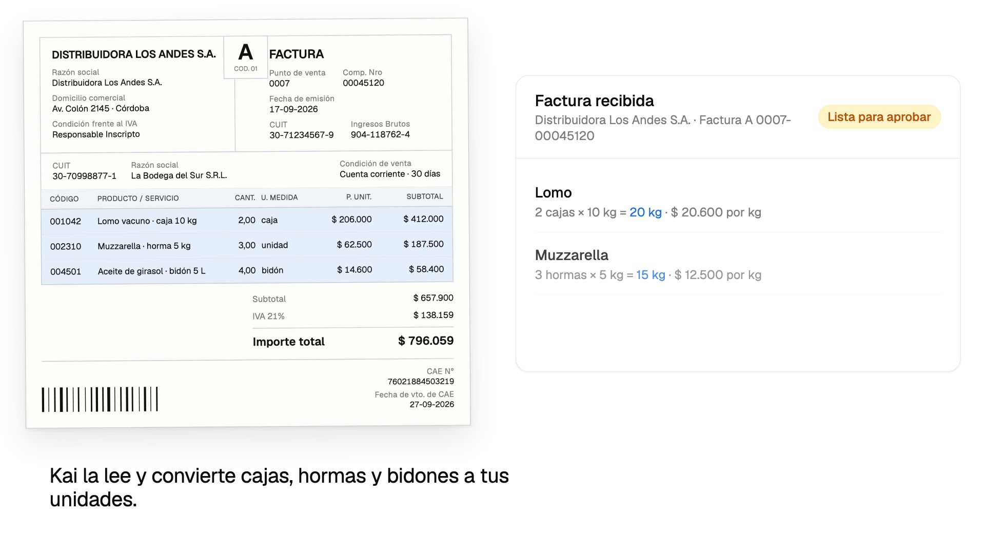 Una factura de proveedor, leída y convertida a insumos en 18 segundos.